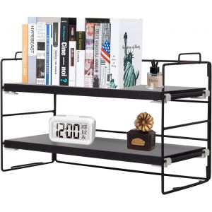 Étagère à 2 Niveaux avec Cadre en Métal Peint Noir et Planche en Teck Noir,Multifonction en Bois pour Bureau et Salle de Lecture - Neuf