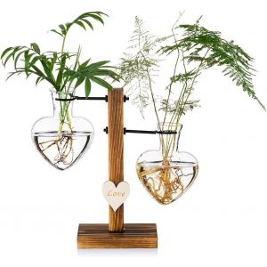 Terrarium De Plantes En Verre Avec Support En Bois,Vases Hydroponiques En Verre &Agrave; Double Coeur Cr&eacute;atif,Station De Propagation De Plantes Modernes,Ampoule De Jardini&egrave;re De Bureau - Neuf
