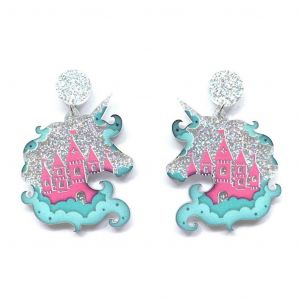 Boucles D'oreilles En Acrylique Mignonnes Forme De T&ecirc;te De Licorne Castle Pattern Boucles D'oreilles En Poudre De Paillettes - Neuf
