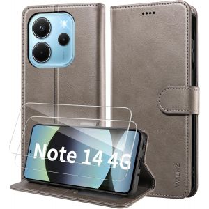 JGD-&Eacute;tui de protection &agrave; rabat en cuir pour Xiaomi Redmi Note 14 4G, avec 2 films de protection en verre, compartiment pour cartes - Gris - Neuf