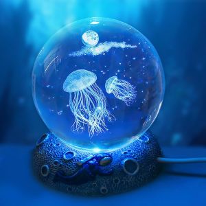 Veilleuse 3d En Forme De Boule De Cristal - 80 Mm - Avec Socle En R&eacute;sine - Lampe Led Fantaisie Avec C&acirc;ble Usb - Th&egrave;me Oc&eacute;an - Pour Enfants, Femmes, Amis, Famille (Lampe M&eacute;duse) - Neuf