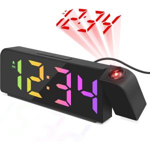 Réveil projecteur LED (noir), horloge numérique, avec température, répétition, mode nuit, affichage 12 h/24 h, luminosité réglable, horloge numérique pour chambre et bureau - Neuf