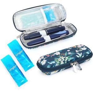 Kalanka-Pochette Isotherme Insuline Avec Poche De Glace, Trousse Isotherme Insuline Pour Diabetique, Sac Isotherme Insuline Medicament Pour Seringues, Stylo Insuline Voyage, Camellia À Fond Bleu - Neuf