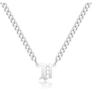 Kal-Gothique Collier Initiale, Chaine Acier Inoxydable Collier Homme Initiale A-Z Lettre Nom Argent Cha&icirc;ne Cubaine Alphabet Pendentif R&eacute;glable 18+2 Inches Bijoux Homme - Neuf