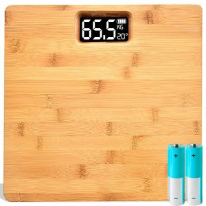 P&egrave;se-personne num&eacute;rique en bambou avec &eacute;cran LCD - Jusqu'&agrave; 180 kg - Balance de salle de bain &eacute;lectronique - &Agrave; piles - Surface en bois - 30 x 30 cm - Neuf