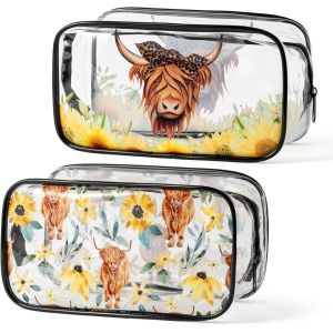 MAA-Trousse de maquillage en PVC transparent avec motif - Trousse de toilette transparente à fermeture éclair - Étanche - Organiseur de voyage pour femme, Vache Highland, Trousse de toilette - Neuf