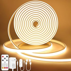Ruban Led Cob, 2m Blanc Chaud Bande Led Et T&eacute;l&eacute;commande, Etanche Ip65, 3000k, Connexion Rapide 1 Cm/Coupe, Silicone, Neon Dimmable Flexible 24v Bandeau Pour Chambre, D&eacute;coration Maison - Neuf
