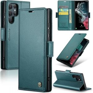 Maa-Coque Pour Samsung Galaxy S22 Ultra, Étui Housse En Rfid Protection Premium Pu Cuir Portefeuille Rabat Case Magnétique Stand Antichoc, Étui Case Pour Samsung Galaxy S22 Ultra, Bleu Vert - Neuf