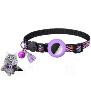 Collier Ajustable Pour Chat Avec Porte-&Eacute;tiquette Airtag, Clochette Et Pompon - Motif G&eacute;om&eacute;trique Pour Petits Animaux - Neuf