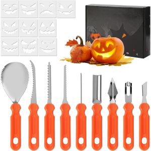 CAUC-20 Pieces Halloween Kit Sculpture Citrouille,Halloween Kit Citrouille DIY,Outils de Sculpture en Inox avec Pochoirs R&eacute;utilisables, Set pour D&eacute;coration de Citrouille Halloween - Neuf