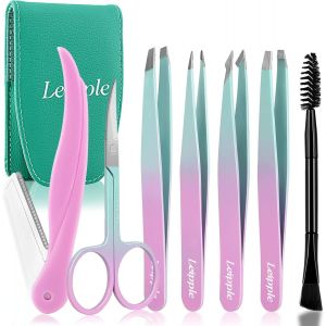 ERYI-Pince A Epiler 7Pcs Pour Femmes-Pince À Épile De Précision Avec Étui De Voyage-Pince À Épiler En Acier Inoxydable Pour Les Sourcils Avec Ciseaux,Rasoir,Miroir Pour Les Cheveux Incarnés (Rose/Ble - Neuf