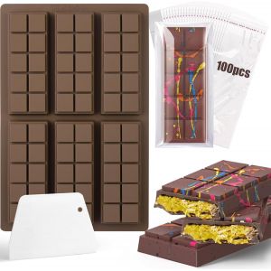 AYUHR-Moule Silicone Tablette Chocolat Moules à Tablette Chocolat Profonds Moules à Chocolat en Silicone avec Grattoir et Sacs de 100 pièces Bonbons Moule Chocolat Antiadhésif Pour Morceaux Chocolat - Neuf