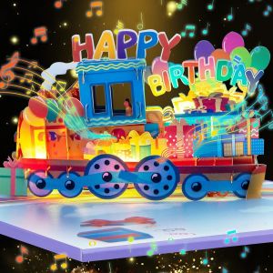 Checarzhn--No1-Carte D'anniversaire 3d Avec Train Musical, Voiture Lumineuse Et Musique, Carte De V?Ux Pop-Up Amusante Pour Garçons Et Filles, Avec Ciel Bleu Ciel Blanc - Neuf