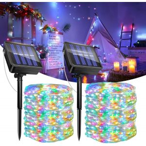 KAL-Lot De 2 Guirlande Lumineuse Exterieure Solaire, 12M 120Led Solaire Guirlande Jardin, 8 Modes, Ip65 Étanche, Intérieure Extérieure Décoration Pour Sapin Noël, Jardin, Terrasse, Balcon(Coloré) - Neuf