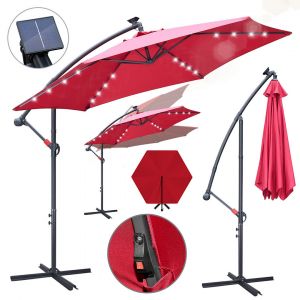 Parasol Solaire Led 3 M, &Eacute;clairage Int&eacute;gr&eacute;, Protection Uv 50+, Toile Polyester Imperm&eacute;able, Manivelle Pratique Pour Terrasse Rouge - Neuf