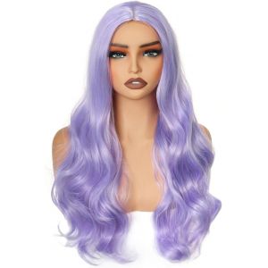 Kalanka-Colorful Panda 60 Cm - Perruque Synth&eacute;tique Boucl&eacute;e Ondul&eacute;e Pour Femme - Partie Centrale Compl&egrave;te - R&eacute;sistante &Agrave; La Chaleur - Pour Halloween - Costume De Cosplay - Violet Clair - Neuf