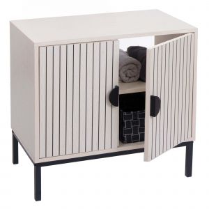 Meuble sous lavabo HWC-O42, armoire de salle de bain avec 2 portes, MDF m&eacute;lamin&eacute; 62x63x35cmaspect bois beige - Neuf