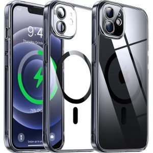 THEF-Coque Magnétique Transparente pour iPhone 12 (6.1'') avec Objectif Film, [Compatible avec MagSafe] [Protection Antijaune & Antirayure & Antichoc] Etui Housse Dur avec Silicone Bord, Noir - Neuf