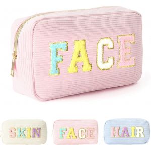 KALANKA-Pochette Maquillage, Trousse de Toilette, Petite Trousse Maquillage Velours Côtelé Lumière Doux pour Femme, 25,5 * 7 * 14,5cm Portable Trousse Maquillage Voyage Date Party Voyage (Rose) - Neuf