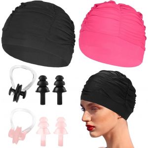 2 Pcs Bonnets De Bain Élastique Avec 2 Pinces Nasales Natation Et 4 Bouchons D'oreille Natation,Bonnet De Natation En Tissu Polyester,Bonnet De Bain Piscine,Bonnet De Bain Pour Cheveux Longs - Neuf