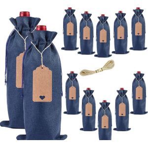 12 Pack De La Toile De Jute De Vin Sacs Avec Cordon - Bleu, Réutilisable Vin Sacs Pour Les Parties - Neuf