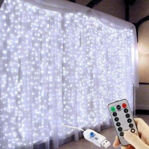 JGD-Guirlande lumineuse &agrave; 300 LED USB pour fen&ecirc;tre 3 m x 3 m 8 modes de contr&ocirc;le &agrave; distance LED &eacute;tanche Guirlande lumineuse en cuivre pour ext&eacute;rieur, mariage, f&ecirc;te, jardin, blanc froid - Neuf