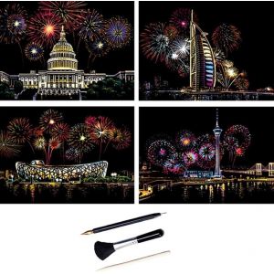 KALANKA-Lot de 4 images à gratter - 290 x 210 mm - Monuments célèbres du monde - Avec tableau mural - Papier à gratter coloré - Avec kit d'outils - Neuf