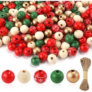 Trahoo-200 Pi&egrave;ces De Perles En Bois De No&euml;l, 1,6cm Perles Rondes En Bois D'hiver Avec Trous Perles Artisanales Pour Bricolage Loisirs Cr&eacute;atifs Halloween Thanksgiving D&eacute;corations De No&euml;l - Neuf