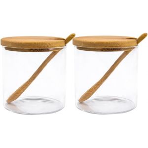 Lot De 2 Pots À Épices En Verre Transparent Avec Couvercles Et Cuillère En Bois-200 Ml-Boîtes De Rangement Vides Pour Sel,Café,Grains,Épices,Bonbons - Neuf