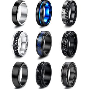 Tianyi-9pcs Bague Hommes Acier Inoxydable Noir Tournante Chaîne Bague Vintage Gothique Anneaux Bague Viking Dragon Celtique Bleu Mariage Promise Bande Anneau Taille 54-70 - Neuf