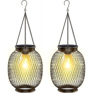 Lampe Solaire Exterieur Jardin Suspendue, Ip65 &Eacute;tanche Lanterne Solaire Exterieur 2 Pi&egrave;ces M&eacute;tal Lumiere Avec Ampoule Led Lampe Solaire Balcon Pour Porche Cour Jardin - Neuf