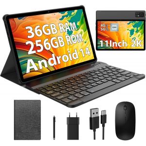 KALWS-Tablette 11 Pouces Android 14 Tablettes Tactiles Con 4G Lte /5G Wifi,36Gb Ram+256Gb Rom,9580Mah,Face Id,Tüv,Gms,Gps,Bt5,Tablette Avec Clavier Détachable,Noir - Neuf