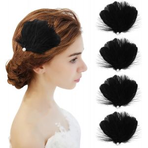 Kal-4 Pièces Clips À Cheveux Plume Noir, Coiffe Cygne En Plume Ballet Accessoires Cheveux Femmes Filles, Pièce Cheveux En Perle Blanche Carnaval Costume, Mariée Mariage Cosplay Fête - Neuf