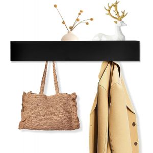 Porte Manteau Mural avec Etagere, Noir Porte Manteau Mural, Patere Manteau, Dissimul&eacute;s et &Eacute;tag&egrave;res en Bois, avec 5 Crochets, pour Chambres, Couloirs et Salons - Neuf