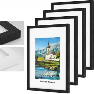 CMWX-Cadre photo A4, en bois, noir, 29,7 x 21 cm, avec verre plexiglas, avec support et montage mural, montage mural horizontal ou vertical, décoration pour chambre à coucher et salon - Neuf