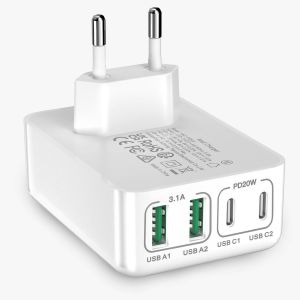 Chargeur USB C 40W, Chargeur Plat &agrave; 4 Ports Multiples PD 3.0, Adaptateur d'alimentation &agrave; &Eacute;conomie D'espace Compatible avec iPhone 16/15/14/13/12, Samsung S25/S24/S23/S22, Pixel, Tablettes - Neuf