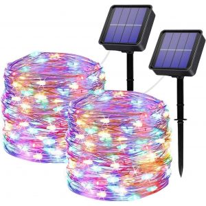 Kal-Guirlandes Lumineuses Rgb 32m 320 Leds, Guirlandes Led Solaire 2 Pcs (2×16m) Étanche 8 Mode, Fil De Cuivre Guirlande Lampe Led De Décoration Pour Extérieur Jardin Fête Noël - Neuf