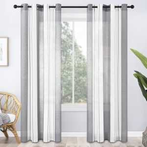 Eryi-2 Pièces De Rideaux Voilage Blanc Et Gris 140x215 Cm Fils Teints Rayé À Oeillets Rideau Tamisant Grande Hauteur Élégant Pour Porte-Fenêtre Décoration De Salon Chambre Baie Vitrée - Neuf