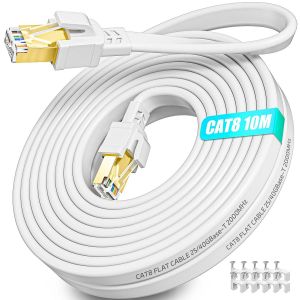 Cable Ethernet Cat 8 10m, Haut Debit RJ45 10m Plat Blindé Câble Réseau Lan Blanc, 40Gbps 2000MHz Gigabit Intérieur Fil Internet pour Switch Routeur PS5/4 Modem - Neuf