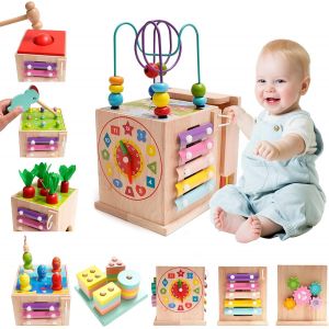 TDRFL-Montessori Jouet Bebe 1 An |9 En 1 Cube D'Activités Motrices Dès 1 An |Frapper La Balle,Formes À Trier Empiler Jeu,Jouet De Récolte De Carottes,Jouet En Bois Pour Cadeau Fille Garcon Bébés 2 3 - Neuf