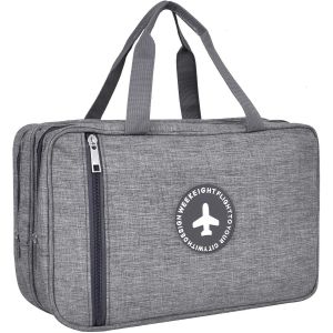 TIANYI-Trousse de Toilette Grand Homme Femme Gris, Trousse de Toilette Voyage 33 * 16 * 20cm, Organisateurs de Toilettes en Toile avec Compartiments Humides et Secs, pour Articles de Toilette, Imperm - Neuf