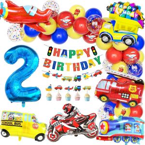 CAUC-Ballons Decoration Anniversaire 2 An Garcon Transport Thème, Enfant Ballon Nombre 2 Ballon Aluminium Véhicules Voitures Autobus Scolaire Train Moto Joyeux Anniversaire Bannière Carte Gâteau - Neuf