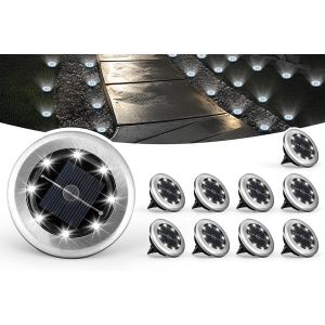 Lot De 10 Lampes Solaires De Sol Pour All&eacute;e De Jardin Et Entr&eacute;e De Garage - Blanches, En Acier Inoxydable, Allumage/Extinction Automatique, R&eacute;sistantes Aux Intemp&eacute;ries - Neuf