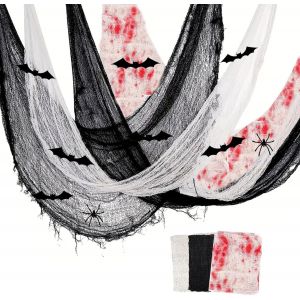 Trahoo-3 Pi&egrave;ces Tissu De D&eacute;coration D'halloween Noir Blanc Rouge Halloween Tissu Effrayant Creepy Net Tissu Pour F&ecirc;te Spooky D'halloween Decoration Horreur Exterieur(200 X 76 Cm) - Neuf