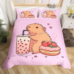 Simple (Sans Couette)-Bleu Gris-Housse De Couette Double Pour Enfants, Motif Capybara, Dessert, Gâteau Aux Fraises, Housse De Couette Étoilée, Motif Donut, Mignon, Amoureux Des Animaux, Rose - Neuf
