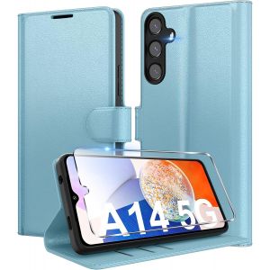 JGD-Coque pour Samsung Galaxy A14 5G en Premium Cuir PU, Portefeuille Housse Etui pour Cartes Protection Anti-Choc Flip Case avec 1 Verre Tremp&eacute; Bleu - Neuf