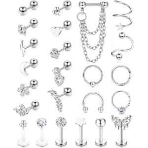 Kalhx-24 Pièces 16g Helix Piercing Oreille Argent Or Boucles D'oreilles Acier Chirurgical Boucles D'oreilles Cartilage Conquer Bijoux Nez Lèvres Ring Cz Labret Conch Tragus Piercing Set - Neuf