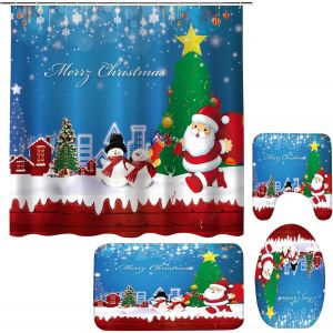 4 pi&egrave;ces de No&euml;l Rideau de Douche Fixe 72* 72 pouces avec anti-D&eacute;rapant Tapis Couvercle des Toilettes Couverture et Tapis de Bain Santa Claus Rideaux de Douche Imperm&eacute;able &agrave; l'eau D&eacute;cor de Salle de - Neuf