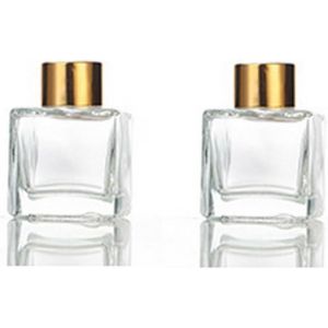 LETNERNY-2Pcs 50Ml/1.7Oz Diffuseur De Bouteille En Verre Transparent Vide Pots De Diffuseur Avec Capuchon DOr Petit Récipient À Huile Essentielle De Forme Carrée Accessoires De Parfum Utilisation - Neuf