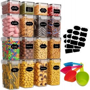 Boite Rangement Cuisine Lot De 16, Bo&icirc;te Hermetiques Alimentaires En Plastique, Rangement Organisation Cuisine Pour Cereales P&acirc;tes Farine (2l 1.6l 0.8l) - Neuf